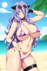 1girls armwear big_breasts bikini bikini_bottom bikini_top black_nail_polish black_nails bottomwear bracelet breasts camilla_(fire_emblem) cleavage female female_only fire_emblem fire_emblem_fates hair hair_over_one_eye hand_behind_head hand_on_hip headwear hips huge_breasts large_breasts lindaroze long_hair mature mature_female mature_woman nail_polish nails purple_bikini purple_eyes purple_hair solo solo_female sunglasses sunglasses_on_head swimwear thick_thighs thigh_strap thighs topwear wide_hips