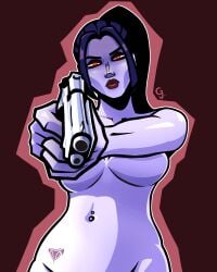 big_breasts female female green_jacket_(artist) gun holding_gun looking_at_viewer nude nude_female overwatch piercing purple_hair purple_skin solo solo_female tattoo widowmaker