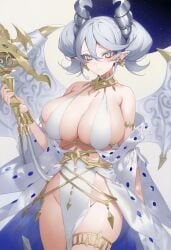 accessory ai_generated belly_dancer blush clothing collar dancer demon demon_girl duel_monster female female hi_res horns huge_breasts labrynth_of_the_silver_castle looking_at_viewer lovely_labrynth_of_the_silver_castle silver_eyes smile solo tagme thick_thighs thighs twintails voluptuous voluptuous_female white_hair yu-gi-oh!