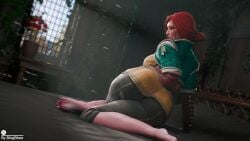 3d 3d_(artwork) alternate_version_available ass ass_focus bed bhigbhee clothed clothing curvy double_bun earrings feet female female_only gold_(metal) hi_res highres hips jewelry looking_at_viewer makeup red_hair sitting sitting_on_bed solo the_witcher_(series) the_witcher_3:_wild_hunt thick_thighs triss_merigold voluptuous watermark