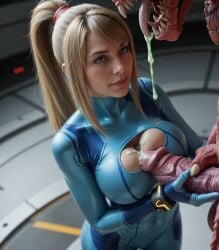 ai_generated alien alien_genitalia blonde_hair blue_eyes cleavage cleavage_cutout cum cum_on_breasts handjob interspecies metroid penis photorealistic ponytail saliva saliva_drip samus_aran skintight smirk stable_diffusion vooluxx zero_suit_samus