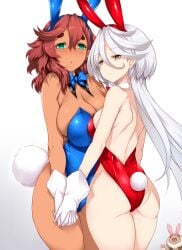 2girls absurdres animal_ears animalization ass back bow bowtie breasts chuatury_panlunch cleavage dark-skinned_female dark_skin fake_animal_ears fake_tail gloves green_eyes grey_eyes gundam gundam_suisei_no_majo hair_down highres holding_hands interlocked_fingers interracial large_breasts light_blush long_hair looking_at_viewer medium_breasts miorine_rembran multiple_girls playboy_bunny rabbit_ears rabbit_tail red_hair simple_background smile suletta_mercury tail tanuki thick_eyebrows thighs tsukasawa_takamatsu white_background white_hair yuri