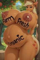 ai_generated applejack_(mlp) big_breasts frosting.ai huge_breasts hyper_breasts lactation lactation my_little_pony pregnant t1g3rbl00d writing_on_body