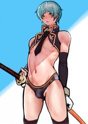 1boy 2n5 blue_hair bulge elbow_gloves femboy human katana male male_only nipple_slip short_hair solo standing sweat sword thighhighs tie trap weapon yellow_eyes