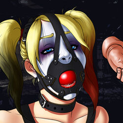 ball_gag batman_(series) black_hair blonde_hair blue_eyes dc dc_comics deepthroat dildo dildo_gag female gag harley_quinn makeup male multicolored_hair oral partial_male penis red_hair sneakattack1221 throat_training tied_hair twintails uncensored