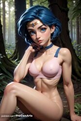 1girls ai_generated ami_mizuno artist_name bishoujo_senshi_sailor_moon blue_choker blue_eyes blue_hair blue_nails blush bottomless bra breasts choker circlet cleavage collarbone covered_nipples earrings forest hi_res jewelry lips looking_at_viewer medium_breasts mizuno_ami nail_polish nature navel nose outdoors patreon_username pink_bra progenarts pussy realistic sailor_mercury short_hair sitting solo stud_earrings tree underwear web_address