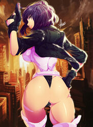 1girls ass back_view belt big_ass breasts cameltoe city clothed clouds cyborg female female_only fingerless_gloves firearm ghost_in_the_shell gun hand_on_hip handgun highres human jacket kusanagi_motoko large_breasts leotard light-skinned_female light_skin outdoors pale_skin purple_hair red_eyes shiny shiny_skin short_hair sideboob sky sleeves_rolled_up solo thick_thighs thighhighs thong_leotard weapon white_legwear wide_hips xdtopsu01