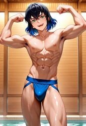 abs ai_generated armpit_hair bathhouse biceps black_hair blue_hair blush flexing_arms gay gradient_hair green_eyes inosuke_hashibira jockstrap jockstrap_only looking_at_viewer male male_only muscular muscular_male nipples nude_male open_mouth pecs smile toned_body toned_male twall97