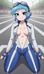 accurate_art_style ai_generated bigmic145 blue_hair bodysuit breasts cleavage clothed clothing exhibitionism female female_only goggles_on_head navel netflix public_exposure racing_suit ramona_flowers scott_pilgrim scott_pilgrim_takes_off sexually_suggestive unzipped unzipped_bodysuit