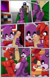 1boy 2girls animatronic areola big_breasts bonnie_(fnaf) breasts canine comic erect_nipples erection eye_contact female five_nights_at_freddy's fox foxy_(fnaf) handjob huge_breasts human lagomorph machine male mammal nipples nude penis rabbit robot rule_63 sex straight thegeckodemon thegeckoninja video_games