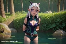 1girls ai_generated arms_behind_back artist_name belt breasts cleavage elf forest hi_res horns leotard long_hair looking_at_viewer medium_breasts nature outdoors pointy_ears progenarts purple_eyes rayla_(the_dragon_prince) solo standing the_dragon_prince tree wading water watermark web_address white_hair