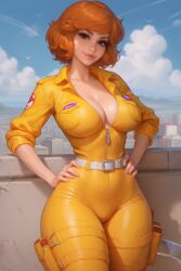 ai_generated april_o'neil april_o'neil_(tmnt_1987) auburn_hair big_breasts brown_eyes cleavage curvy female female_only yellow_jumpsuit