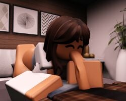 1boy 1girls bedroom big_ass big_breasts blowjob brown_hair cute purple_eyes roblox robloxian small_penis smg32