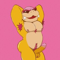 1:1 anthro armpit_hair balls body_hair erection eyewear genitals hi_res kkun0056 koopaling male male_only mario_bros musclegut muscular nintendo nipples nude pecs penis pose pubes roy_koopa smug solo sunglasses