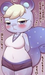 animal_crossing anthro arms_behind_back blonde_hair blue_eyes blush breasts female heart ione_(animal_crossing) japanese_text nintendo rodent slightly_chubby solo squirrel sweatdrop text thick_thighs urumin3939 video_games wide_hips