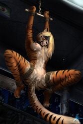 anthro ball_gag bent_legs blindfold bodily_fluids bondage bondage bound cum cum_on_face cum_on_pussy felid female gag genital_fluids genitals hi_res leaking_cum mammal pantherine pussy rena_(statik) solo spread_legs spreading statik suspension suspension_bondage tiger