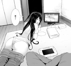 1boy ass ass_focus black_hair bubble_butt buttocks controller curvy dialogue_box door fat_ass female hip_focus huge_ass indoors japanese_text large_ass legs long_hair looking_at_viewer looking_back lying micro_panties nintendo on_stomach original panties pants_pull playing playing_games playing_video_games pov shirt sitting student super_smash_bros. super_smash_bros_wii_u teen teen_girl teenage teenage_girl teenager television wii_remote wii_u wii_u_gamepad