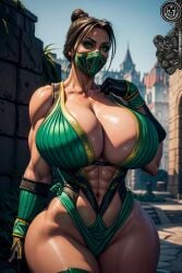 1girls abs ai_generated big_breasts black_hair brown_skin brown_skinned_female bythebrokenone cleavage curvaceous curvy_female earrings female female_focus green_eyes hair_bun jade_(mortal_kombat) large_breasts mask masked_female mortal_kombat muscular_arms muscular_female netherrealm_studios ninja outdoors overexaggerated_anatomy standing thick thick_thighs voluptuous voluptuous_female wide_hips