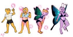 blush butterfly_wings clothed color embarrassed male_to_female purple_body purple_skin transformation transformation_sequence transformation_through_magic yellow_body