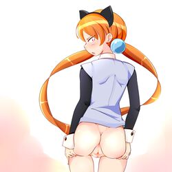 alisa_southerncross animal_ears ass ass_grab blush bottomless breasts cat_ears female highres idle_antics keroro_gunsou long_hair looking_at_viewer looking_back orange_hair pink_eyes pussy sideboob solo spread_ass spread_pussy twintails very_long_hair