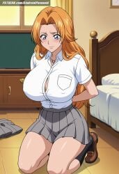 ai_generated aindroidparanoid ass big_ass big_breasts bleach breasts busty cleavage curvy fat_ass female female_only gray_eyes hips huge_ass huge_breasts large_ass large_breasts massive_breasts matsumoto_rangiku narrow_waist orange_hair school_uniform schoolgirl schoolgirl_uniform shirt skirt stable_diffusion voluptuous waist