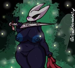 big_breasts big_nipples big_thighs blue_nipples chubby clothing_removed clovedex_(artist) completely_nude completely_nude_female condom condom_accessories dark_blue_body female female_only furry furry_only hollow_knight hornet_(hollow_knight) sword weapon