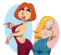 2girls american_dad ass big_ass blonde_hair bottom_heavy breasts bubble_butt crossover dress family_guy fat_ass female female_only francine_smith large_ass lois_griffin looking_at_viewer looking_back milf monamania mother orange_hair thick_ass thick_thighs wide_hips