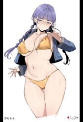 1girls alp areola_slip big_breasts bikini blunt_bangs braid breasts busty cleavage closed_mouth commentary_request cropped_jacket cropped_legs denim denim_jacket female female_only glasses gold_bikini half-closed_eyes highres jacket large_breasts legs lifted_by_self long_hair looking_at_viewer miyoshi_(alp) mole mole_under_eye naughty_face navel open_clothes open_jacket original original_character pulled_by_self purple_eyes purple_hair round_eyewear seductive seductive_look seductive_smile smile solo strap_lift strap_pull swimsuit teasing thighs thong_bikini twin_braids voluptuous