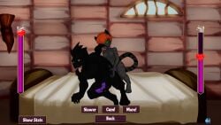 big_penis black_body black_hair feline futa_on_male futa_penetrating_male futadom futanari_penetrating_male gameplay_mechanics green_eyes intersex/male moan moaning moans orange_hair pink_collar purple_penis small_breasts small_dick submissive_male werecat yellow_eyes