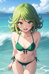 ai_generated beach bikini blush breasts curly_hair cute green_eyes green_hair hands_behind_back one-punch_man sea short_hair small_breasts smile smiling swimsuit takemehigh tatsumaki thick_thighs