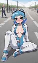 accurate_art_style ai_generated bigmic145 blue_hair bodysuit breasts cleavage clothed clothing exhibitionism female female_only goggles_on_head navel netflix public_exposure racing_suit ramona_flowers scott_pilgrim scott_pilgrim_takes_off sexually_suggestive unzipped unzipped_bodysuit