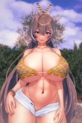 1girls 3d 3d_model big_breasts blush breasts_bigger_than_head hololive hololive_english koikatsu light-skinned_female long_hair looking_at_viewer nanashi_mumei pussy_hair solo_female taf4mad white_shorts