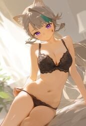 1girls ai_generated anthro bra breasts cat_ears cat_tail catgirl female genshin_impact lingerie looking_at_viewer lynette_(genshin_impact) panties seductive seductive_look