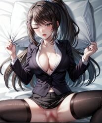 18g35bx ai_generated anal_sex anal_sex black_skirt blur_censor brown_eyes brown_hair busty_female chabashira_sae classroom_of_the_elite dress_suit hair_tie in_bed laying_on_bed leggings lying_on_back no_panties_under_skirt one_eye_closed open_mouth pillow_grab ponytail teacher