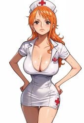 ai_generated alluring almost_naked almost_nude ass big big_breasts blush breasts brown_eyes long_hair looking_at_viewer nami nami_(one_piece) one_piece orange_hair seductive_pose sexy_nurse swimsuit white_clothes z4zt3l4 zaztela