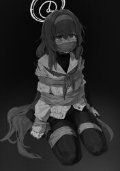 a_tea blue_archive bondage bound bound_arms bound_legs cloth_gag female gag greyscale highres improvised_gag long_hair looking_at_viewer monochrome pantyhose school_uniform seiza sitting sweater ui_(blue_archive) wariza