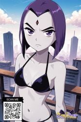 ai_generated beach bikini black_bikini black_swimsuit blue_sky breasts building city cityscape closed_mouth clothing cloud colored_skin day female female female_only forehead_jewel frown grey_skin littlehentai looking_at_viewer medium_breasts navel outdoors purple_eyes purple_hair rachel_roth raven_(dc) savitar savitar_(artist) short_hair sky small_breasts solo swimsuit teen_titans