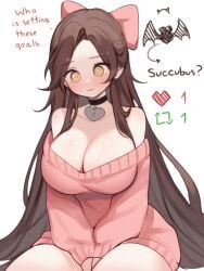 1girls big_breasts breasts brown_hair choker english_text female female_focus female_only heart_choker hips long_hair long_sleeves looking_at_viewer sky_(skyaboveme) skyaboveme text thick_thighs thighs very_long_hair white_background yellow_eyes