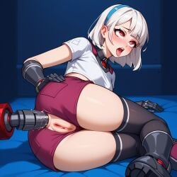 ahe_gao ai_generated anal anal_insertion anal_juice anal_masturbation anal_sex big_ass crop_top dildo dildo_in_ass female fortnite lexa_(fortnite) machine masturbation red_eyes shorts spreading thick_thighs thighhighs torn_clothes torn_shorts white_hair yodayo