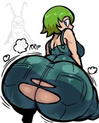 1girls ass_bigger_than_head ass_focus chubby_female dat_ass dat_butt dumptruck_ass fat_ass foo_fighters fully_clothed green_hair huge_ass jojo's_bizarre_adventure lol nanodude78 plankton ripped_clothing sheldon_j._plankton short_hair solo_female stone_ocean surprised_expression thick_thighs white_background wobbling_ass