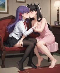 ai_generated black_hair blush closed_eyes fate/stay_night fate_(series) fully_clothed incest kissing large_breasts long_hair matou_sakura purple_hair sisters sitting tohsaka_rin yuri