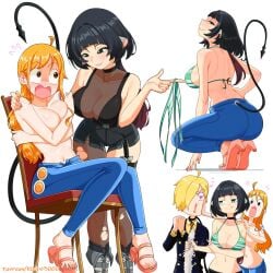 blonde_hair elpipe3000 jane_doe_(zenless_zone_zero) nami nami_(one_piece) one_piece orange_hair vinsmoke_sanji zenless_zone_zero