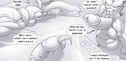 2016 anthro balls biceps big_balls canine claws cock_vore comic cum dialogue dragon duo english_text fur hair hi_res huge_balls humanoid_penis hyper hyper_balls hyper_penis inflation kalnareff kalnareff_(character) larger_male long_hair lying male mammal meade monochrome muscular nipple_piercing nipples nude on_back penis piercing scalie size_difference smaller_male speech_bubble text toe_claws vein vore yaoi