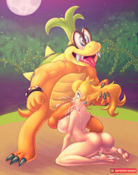 1boy 1girls anthro ass barefoot blonde_hair blue_eyes breasts crown cum cum_drip cum_in_mouth cum_in_pussy cum_inside cum_leaking cum_on_breasts cum_out_nose cum_pool earrings feet fellatio female hair hair_grab huge_belly huge_cock iggy_koopa irrumatio kneeling koopa koopaling koopalings large_breasts large_penis long_hair male mario_(series) nintendo nipples nude oral penis princess_peach pussy reptile sitting spread_legs super_mario_bros. supersatanson turtle