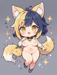 chibi chibi_style dark_blue_hair fat furry furry_ears furry_female medium_breasts naked naked_female original original_art original_artwork original_character two_tails white_skin wolf_ears yellow_eyes yellow_hair