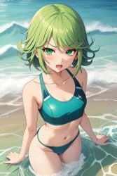 ai_generated beach bikini blush breasts curly_hair cute green_eyes green_hair nipples one-punch_man open_mouth sea short_hair small_breasts sports_bra swimsuit takemehigh tatsumaki thick_thighs