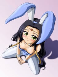 black_hair blush blushing bunnysuit code_geass exposed_breasts green_eyes kneeling on_knees petite small_breasts solo_female sumeragi_kaguya tagme visible_nipples