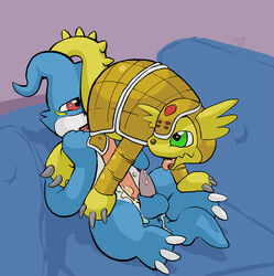 2boys anthro argon_vile armadillo armadillomon balls big_penis blue_skin cum digimon furry gay male male_only penis precum scalie tail veemon yellow_body