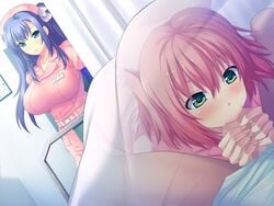 1boy 2girls bed bed_sheet belt blue_eyes blue_hair blush breasts censored fellatio game_cg green_eyes hair large_breasts long_hair m-sei_byoutou multiple_girls nurse oral orange_hair penis short_hair standing stealth_oral stealth_sex under_covers yoshino_keiko