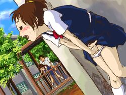 bent_over blush haru_yoshioka machida masturbation neko_no_ongaeshi open_mouth outdoors panties public school_uniform schoolgirl sex studio_ghibli the_cat_returns